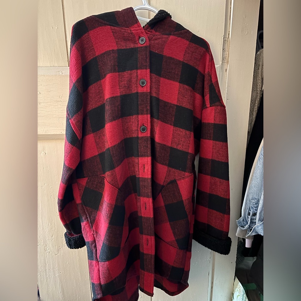 NOA Red and Black Buffalo Plaid Hooded Coat